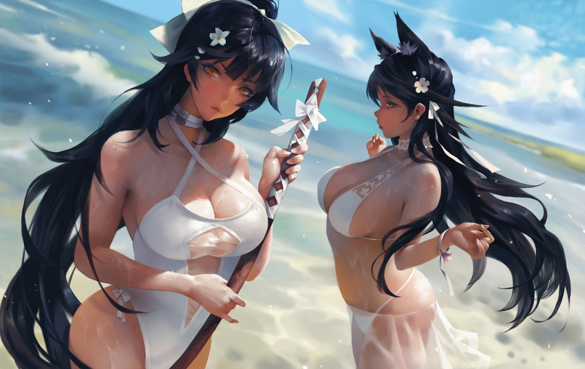 2girls alternate_costume animal_ears ass atago_(azur_lane) azur_lane bangs bare_shoulders beach bikini black_hair blue_sky blurry blurry_background blush bow breasts brown_eyes choker clouds cowboy_shot day expressionless extra_ears eyebrows_visible_through_hair frown g-tz hair_bow hair_flaps hair_ribbon hands_up highres holding holding_sword holding_weapon large_breasts long_hair long_sleeves looking_at_viewer mole mole_under_eye multiple_girls ocean off_shoulder one-piece_swimsuit outdoors ponytail ribbon sand sarong see-through sideboob sidelocks skindentation sky swept_bangs swimsuit sword takao_(azur_lane) thighs very_long_hair waves weapon wet white_bikini white_bow white_ribbon white_swimsuit wooden_sword wrist_ribbon