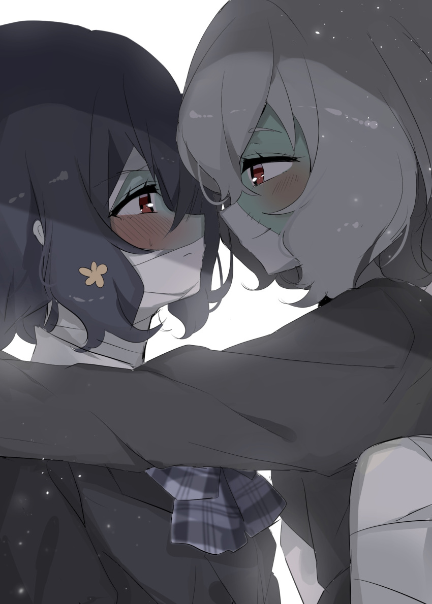 2girls bandage black_hair blush eye_contact face-to-face half-closed_eyes highres konno_junko looking_at_another mizuno_ai multiple_girls red_eyes school_uniform silver_hair smile stitches sweatdrop yuri yuri_(miiiiikun0515) zombie zombie_land_saga