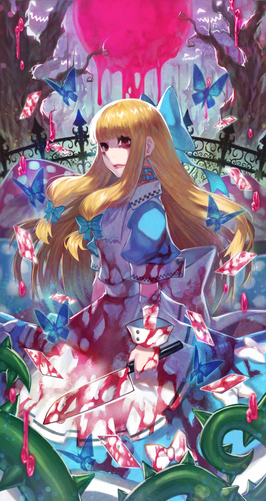 1girl absurdres alice_(wonderland) alice_in_wonderland apron arm_wrap bandage bandages bangs blonde_hair blood bloody_apron bloody_bandages bloody_clothes bloody_knife blue_bow blue_butterfly blue_dress blunt_bangs bow card closed_mouth commentary_request doku-chan_(dokkudokudoku) dress fence full_moon highres holding holding_knife kitchen_knife knife large_bow lips long_hair looking_at_viewer moon pink_eyes pink_moon playing_card thorns tree very_long_hair white_apron white_bow