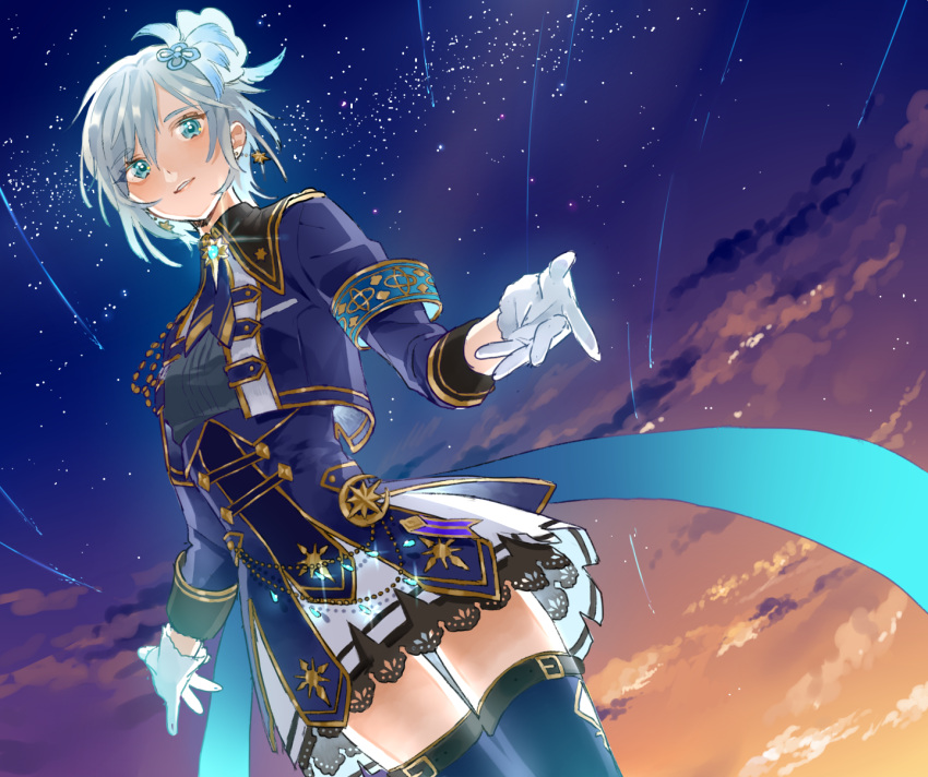 1girl anastasia_(idolmaster) blue_eyes blue_legwear cowboy_shot dusk earrings gloves hair_between_eyes hair_ornament highres idolmaster idolmaster_cinderella_girls jewelry miniskirt outdoors parted_lips shiny shiny_hair short_hair silver_hair skirt sky smile solo standing star_(sky) starry_sky thigh-highs white_gloves white_skirt yagita_(astronomie) zettai_ryouiki