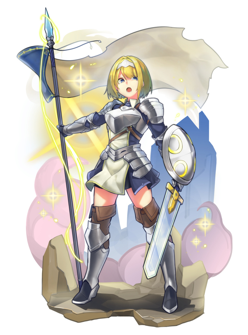 1girl absurdres armor armored_dress artist_request blonde_hair blue_eyes fantasy greaves headband highres holding holding_sword holding_weapon knight lance original pauldrons polearm shield short_hair solo sword weapon