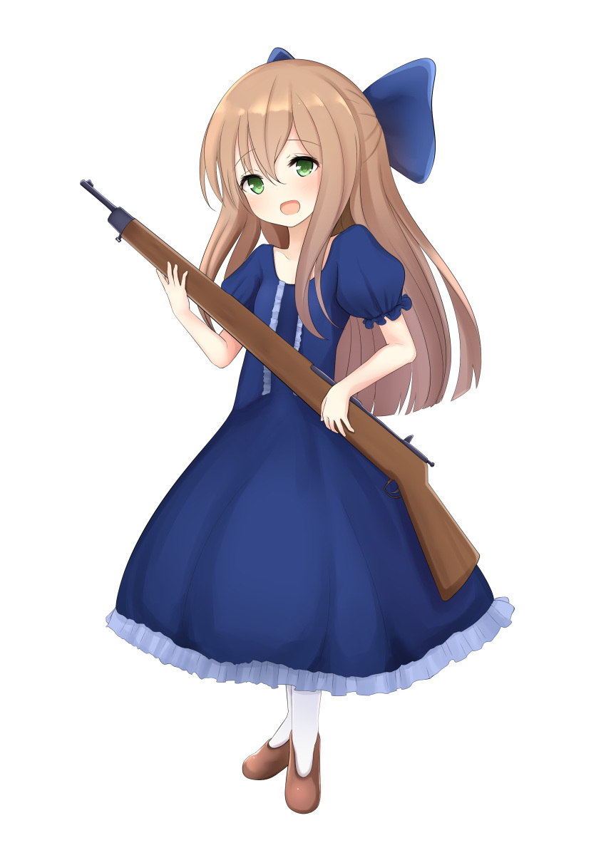 1girl :d absurdres bangs blue_bow blue_dress blush bow brown_footwear commentary_request dress eyebrows_visible_through_hair frilled_dress frills full_body girls_frontline green_eyes gun hair_between_eyes hair_bow head_tilt highres holding holding_gun holding_weapon light_brown_hair long_hair looking_at_viewer m1903_springfield m1903_springfield_(girls_frontline) neko_miyabi_(artist) open_mouth puffy_short_sleeves puffy_sleeves rifle shoes short_sleeves simple_background smile solo standing very_long_hair weapon white_background younger