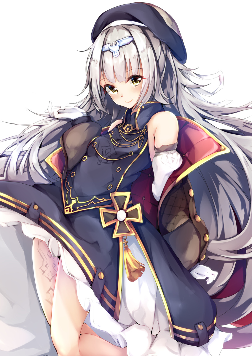 1girl azur_lane bangs bare_shoulders beret cucchiore eyebrows_visible_through_hair gloves hair_ornament hat highres iron_cross long_hair looking_at_viewer mole mole_under_eye silver_hair simple_background solo very_long_hair white_background white_gloves yellow_eyes z46_(azur_lane)
