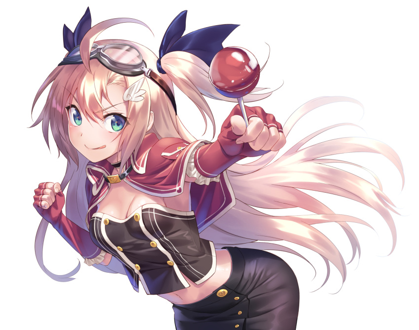 &gt;:p 1girl ahoge black_skirt blonde_hair blue_eyes blue_ribbon breasts cleavage clenched_hands elbow_gloves formation_girls gloves goggles goggles_on_head hair_ribbon highres holding_lollipop long_hair looking_at_viewer midriff navel olga_hodrewa partly_fingerless_gloves pink_gloves ribbon simple_background skirt small_breasts solo tenkuu_nozora tongue tongue_out two_side_up white_background