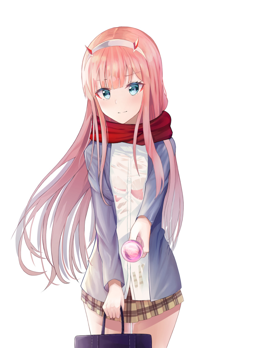 1girl absurdres bag bangs blue_eyes blue_jacket blush brown_skirt candy cowboy_shot darling_in_the_franxx dress dress_shirt floating_hair food hairband highres holding holding_bag horns jacket lollipop long_hair looking_at_viewer miniskirt open_clothes open_jacket pink_hair pleated_skirt red_scarf scarf school_bag school_uniform see-through shirt simple_background skirt smile smile2007h solo standing very_long_hair wet wet_clothes wet_shirt white_background white_dress white_hairband zero_two_(darling_in_the_franxx)