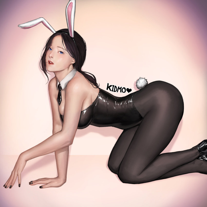 1girl absurdres all_fours animal_ears ass bare_shoulders black_footwear black_hair black_hairband black_legwear black_leotard black_nails black_neckwear blue_eyes breasts bunny_girl bunny_tail bunnysuit commentary_request crossed_ankles detached_collar fake_animal_ears from_side gradient gradient_background hairband heart highres kimdonga korean_commentary leotard looking_at_viewer medium_breasts nail_polish necktie original pantyhose parted_lips rabbit rabbit_ears shiny shiny_clothes signature solo tail