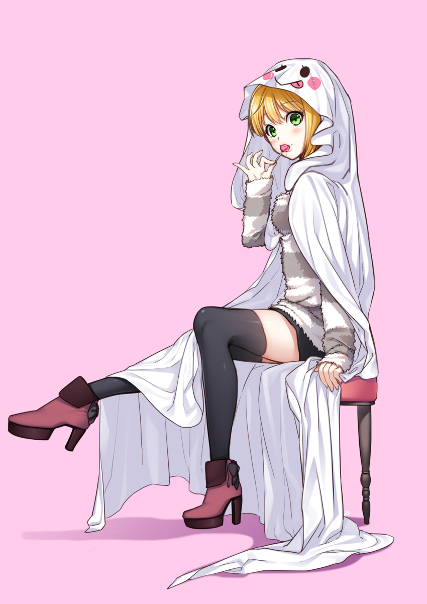 bed_sheet blonde_hair blush blush_stickers candy food fur green_eyes high_heels highres holding_candy idolmaster idolmaster_cinderella_girls leg_up lollipop long_sleeves looking_at_viewer mikapoe miyamoto_frederica pink_background shirt short_hair signature simple_background sitting smile thigh-highs tongue tongue_out