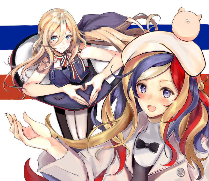 2girls apron bare_shoulders beret black_bow blonde_hair blue_apron blue_eyes blue_hair bow coat commandant_teste_(kantai_collection) dress eriyama_(user_csua4255) hair_between_eyes hat heart heart_hands kantai_collection long_hair looking_at_viewer mole mole_under_eye mole_under_mouth multicolored multicolored_clothes multicolored_hair multicolored_legwear multiple_girls open_mouth pom_pom_(clothes) redhead richelieu_(kantai_collection) streaked_hair wavy_hair white_dress white_hair