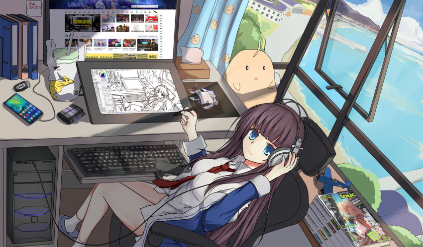 1girl azur_lane between_breasts bilibili_douga bird black_hair blue_eyes bottomless breasts cellphone chair chick chinese_commentary commentary_request computer cup dock drinking_straw highres indoors keyboard_(computer) long_hair long_island_(azur_lane) long_sleeves manga_(object) monitor mouse_(computer) necktie necktie_between_breasts ocean office_chair phone sitting slippers smartphone socks solo stuffed_animal stuffed_toy stylus tablet tianyu_jifeng tissue_box window