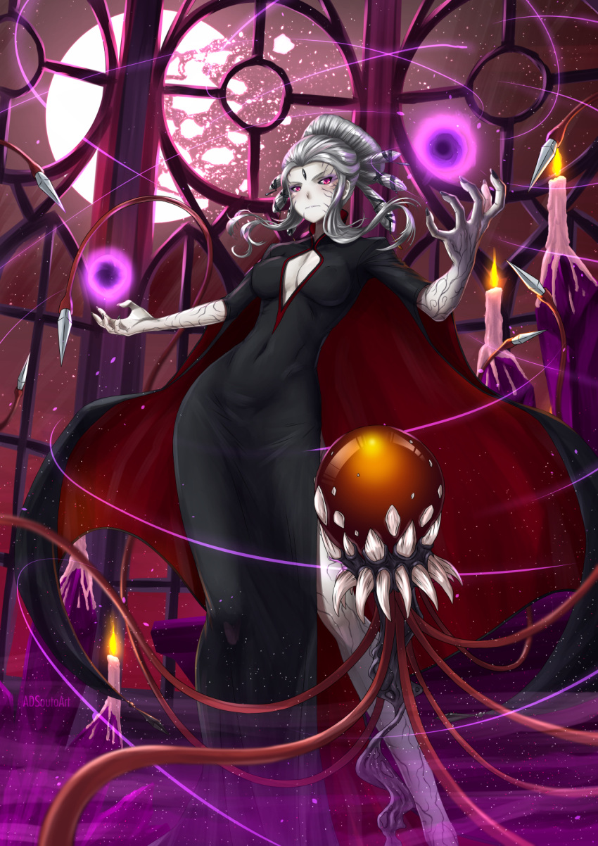 1girl adsouto artist_name black_dress black_nails black_sclera breasts broken_moon candle cleavage cleavage_cutout closed_mouth dress forehead_jewel grimm highres indoors long_hair looking_at_viewer medium_breasts moon nail_polish night red_eyes rwby salem_(rwby) short_hair_with_long_locks side_slit silver_hair solo standing white_skin
