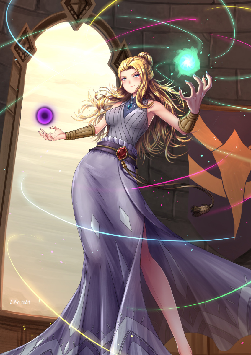 1girl adsouto artist_name blonde_hair blue_eyes bracer breasts closed_mouth day dress highres indoors long_hair looking_at_viewer medium_breasts nail_polish purple_dress rwby salem_(rwby) side_slit sleeveless sleeveless_dress smile solo standing window