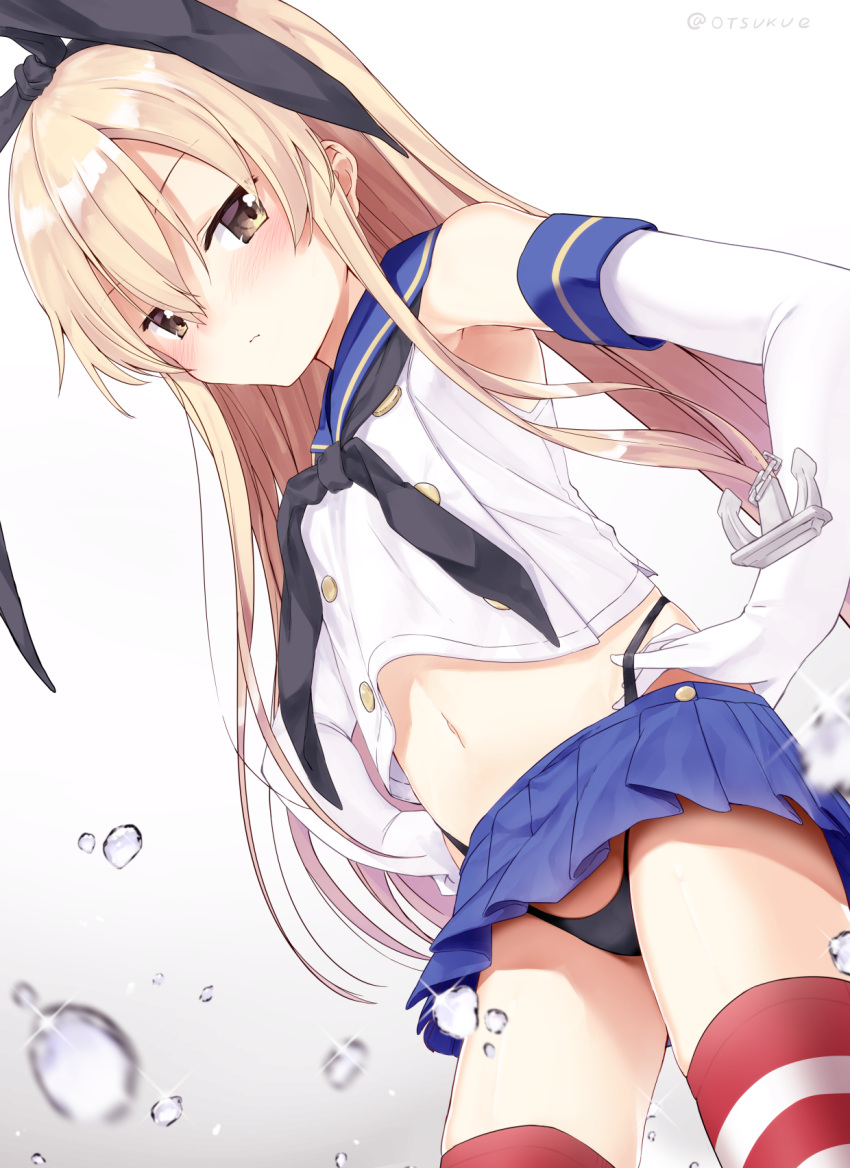 1girl bangs bare_shoulders black_hairband black_panties black_ribbon blonde_hair blue_sailor_collar blue_skirt blush brown_eyes closed_mouth commentary_request dutch_angle dx_(dekusu) elbow_gloves eyebrows_visible_through_hair gloves hair_between_eyes hair_ribbon hairband highleg highleg_panties highres kantai_collection long_hair looking_at_viewer midriff miniskirt navel panties pleated_skirt ribbon sailor_collar shimakaze_(kantai_collection) shirt skirt sleeveless sleeveless_shirt solo striped striped_legwear thigh-highs twitter_username underwear very_long_hair water_drop white_gloves white_shirt