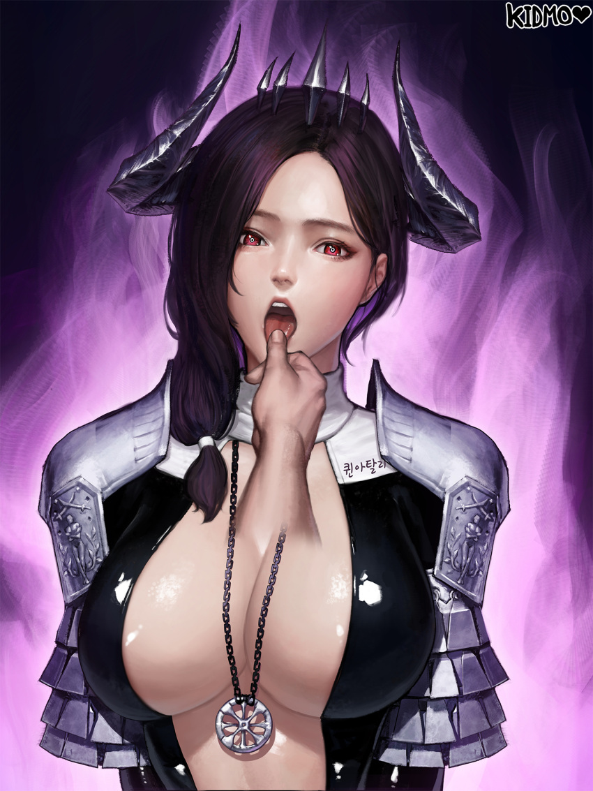 1girl armor arms_at_sides black_hair breasts center_opening collarbone commentary_request commission demon_girl demon_horns finger_in_mouth hair_over_shoulder hair_tie heart highres horns kimdonga korean korean_commentary large_breasts long_hair looking_at_viewer mabinogi mabinogi_heroes multicolored_hair pov pov_hands purple_background purple_hair red_eyes shiny shiny_clothes signature solo_focus tongue translation_request two-tone_hair upper_body upper_teeth