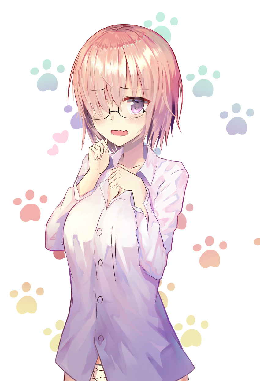 1girl absurdres animal_print black-framed_eyewear blush breasts cat_print cleavage collarbone dress_shirt eyebrows_visible_through_hair fate/grand_order fate_(series) glasses hair_between_eyes hair_over_one_eye highres large_breasts long_sleeves looking_at_viewer mash_kyrielight open_mouth panties paw_background pink_hair print_panties purple_shirt semi-rimless_eyewear shiny shiny_hair shirt short_hair smile2007h solo standing under-rim_eyewear underwear violet_eyes white_panties