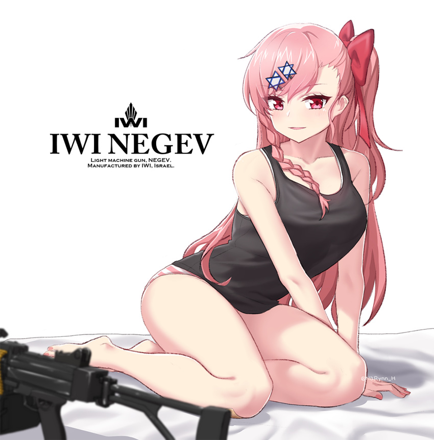1girl bangs bare_legs blurry blurry_foreground blush bow bra bra_peek braid breasts character_name collarbone commentary depth_of_field eyebrows_visible_through_hair girls_frontline gun hair_between_eyes hair_bow hair_ornament hair_ribbon hairclip hexagram highres imi_negev israel long_hair looking_at_viewer machine_gun medium_breasts nail_polish narynn negev_(girls_frontline) one_side_up open_mouth panties pink_hair pink_nails reclining red_bow red_eyes red_ribbon ribbon simple_background sleeves_folded_up smile solo star_of_david striped striped_panties tank_top tsurime twitter_username underwear weapon white_background