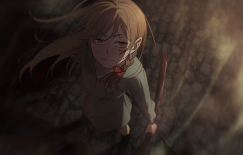 1girl blood bloody_clothes braid brown_eyes closed_mouth dress e7_(runaway162) foreshortening from_above full_body grey_dress hair_ribbon light_brown_hair long_hair long_sleeves looking_at_viewer looking_up original red_ribbon ribbon solo standing