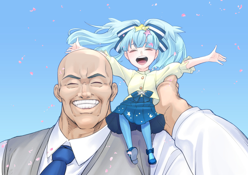1boy 1girl absurdres bald blue_hair blue_sky blush cherry_blossoms child closed_eyes family father_and_daughter go_takeo hair_ornament happy highres hoshikawa_lily idol necktie open_mouth outstretched_arms pantyhose satsuki_(notsachiko) sitting_on_shoulder size_difference skirt sky smile spoilers spread_arms star star_hair_ornament teeth twintails zombie_land_saga