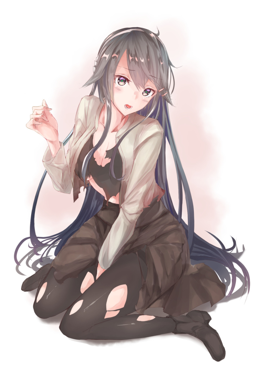1girl alternate_costume between_legs black_hair black_legwear black_shirt black_skirt breasts cleavage eyebrows_visible_through_hair hair_ornament hairband hairclip hand_between_legs haruna_(kantai_collection) highres jacket kantai_collection large_breasts long_hair looking_at_viewer midriff open_mouth pantyhose seiza sh22 shirt simple_background sitting skirt solo torn_clothes torn_jacket torn_legwear torn_shirt white_background white_hairband white_jacket
