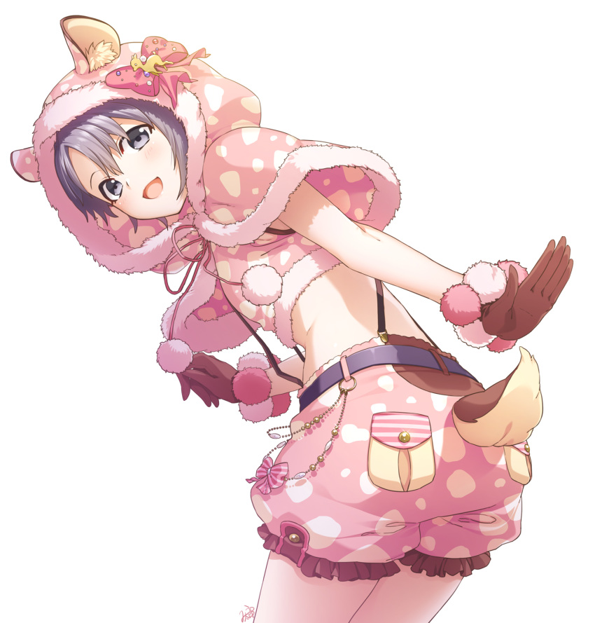 1girl animal_ears belt blush bow deer fake_animal_ears gloves grey_eyes highres idolmaster idolmaster_cinderella_girls koshimizu_sachiko lavender_hair looking_back mikapoe open_mouth pocket polka_dot polka_dot_hoodie polka_dot_shorts pom_pom_(clothes) puffy_shorts short_hair shorts signature solo strap tail white_background