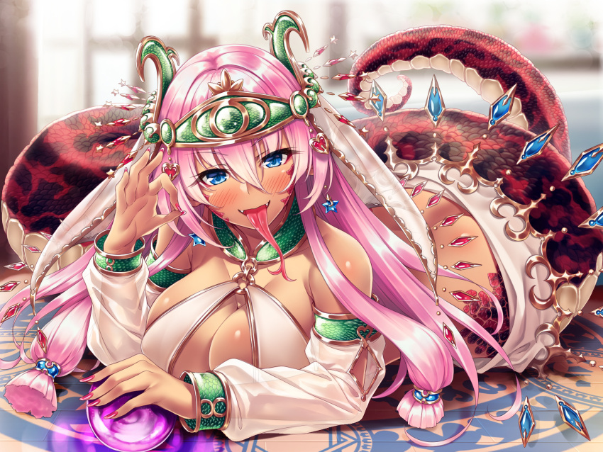 1girl armlet blue_eyes blush bracelet breasts cleavage detached_sleeves eyebrows_visible_through_hair fang fingernails forked_tongue gem hair_between_eyes hasumi_(hasubatake39) highres jewelry lamia large_breasts long_fingernails long_hair long_tongue looking_at_viewer lying monster_girl nail_polish ok_sign on_stomach open_mouth original pink_hair scales see-through snake_tail solo tail tiara tongue