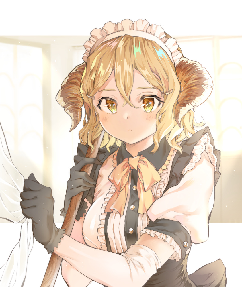 1girl bangs black_gloves black_skirt blonde_hair blush bow breasts brown_eyes center_frills closed_mouth collared_shirt commentary_request cpqm curled_horns eyebrows_visible_through_hair frills gloves hair_between_eyes hands_up high-waist_skirt highres holding horns long_hair looking_at_viewer maid maid_headdress medium_breasts orange_bow original puffy_short_sleeves puffy_sleeves shirt short_sleeves skirt solo upper_body white_shirt