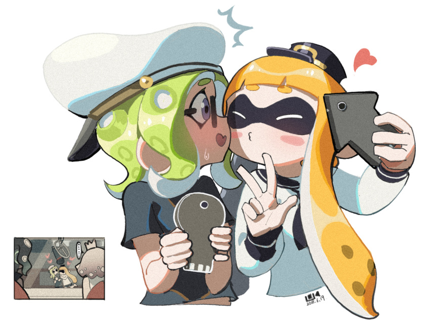 ... /\/\/\ 4girls bangs blunt_bangs blush_stickers cellphone crown dated domino_mask glasses green_hair hat heart hime_(splatoon) iida_(splatoon) inkling kiss looking_at_another mask microphone mini_crown multiple_girls nintendo octoling open_mouth orange_hair phone self_shot signature smartphone splatoon splatoon_(series) splatoon_2 spoken_ellipsis sweatdrop tentacle_hair thick_eyebrows violet_eyes w waterkuma white_hat
