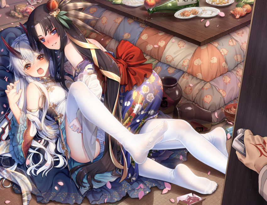 1boy 2girls alcohol all_fours bangs bare_shoulders black_hair blue_eyes blue_panties blush bottle commentary_request detached_sleeves drunk embarrassed fate/grand_order fate_(series) food frilled_sleeves frills fruit hair_ornament haneru horns indoors japanese_clothes kimono kotatsu long_hair looking_at_viewer looking_back lying mandarin_orange multiple_girls no_shoes on_back oni_horns open_mouth opening_door panties panties_under_pantyhose pantyhose pantyhose_pull parted_bangs petals plate pov pov_hands red_eyes sake sake_bottle side_ponytail striped striped_panties table tomoe_gozen_(fate/grand_order) underwear undressing ushiwakamaru_(fate/grand_order) very_long_hair white_hair white_legwear yuri