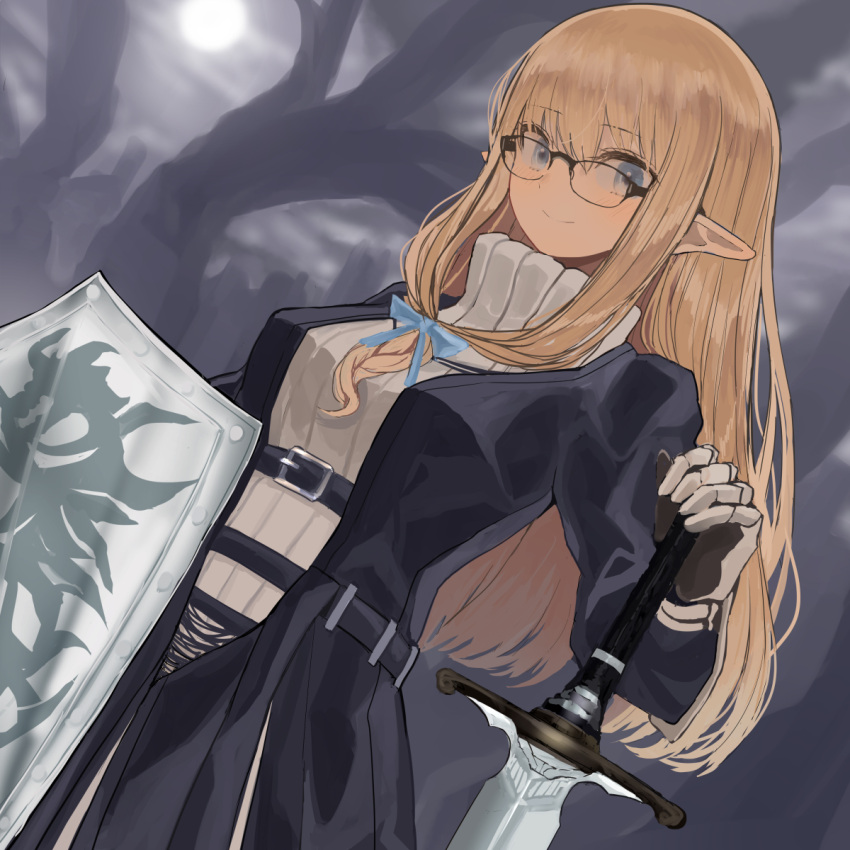 1girl bangs belt belt_buckle black-framed_eyewear black_belt black_jacket blonde_hair blue_eyes blue_ribbon blush buckle closed_mouth commentary_request duplicate elf eyebrows_visible_through_hair gauntlets glasses hair_between_eyes hair_ribbon highres hinomaru_(futagun) holding holding_shield holding_sword holding_weapon jacket long_hair long_sleeves looking_at_viewer open_clothes open_jacket original outdoors pixel-perfect_duplicate pointy_ears ribbed_sweater ribbon shield sidelocks smile solo sweater sword turtleneck turtleneck_sweater very_long_hair weapon white_sweater
