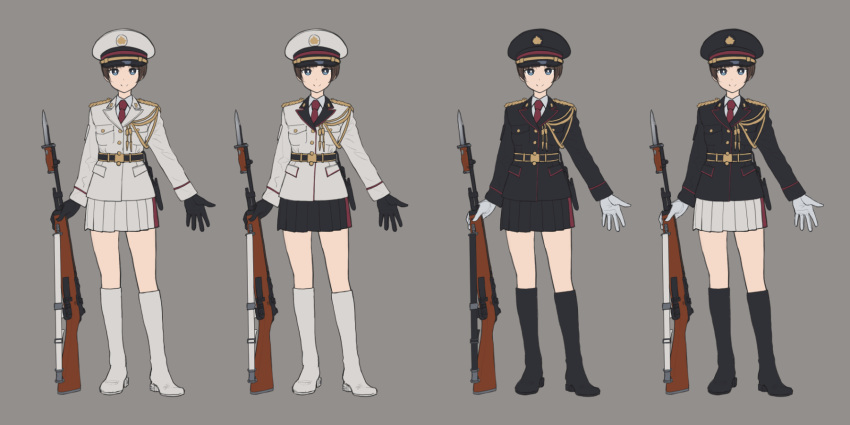 1girl bayonet black_footwear black_gloves black_jacket black_skirt blue_eyes boots bright_pupils brown_hair closed_mouth collared_shirt commentary_request epaulettes genso gloves grey_background grey_gloves grey_jacket grey_shirt grey_skirt gun hat highres jacket knee_boots looking_at_viewer military military_hat military_uniform multiple_views necktie original peaked_cap pleated_skirt pose red_neckwear rifle shirt short_hair simple_background skirt smile uniform weapon white_footwear wing_collar