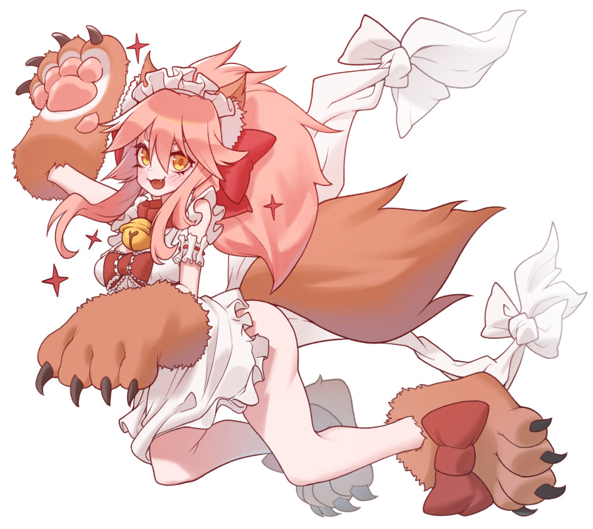 1girl absurdres animal_ear_fluff animal_ears apron bell bell_collar blush breasts cat_hair_ornament cat_paws collar fang fangs fate/grand_order fate_(series) fox_ears fox_tail full_body gloves hair_ornament highres jingle_bell large_breasts long_hair looking_at_viewer maid_headdress naked_apron open_mouth paw_gloves paw_shoes paws pink_hair ponytail shoes simple_background solo sparkle ssangbong-llama tail tamamo_(fate)_(all) tamamo_cat_(fate) white_background