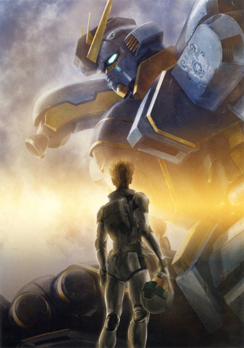 1boy absurdres atlas_gundam blonde_hair clouds from_behind glowing glowing_eyes green_eyes gundam gundam_thunderbolt headwear_removed helmet helmet_removed highres io_fleming mecha official_art pilot_suit short_hair sunlight