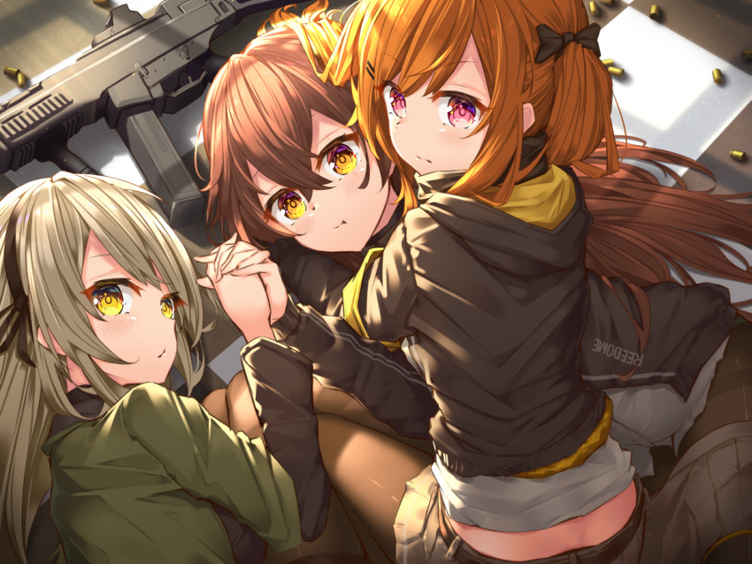 3girls artist_request brown_hair girls_frontline grey_hair grip gun h&amp;k_ump hair_ribbon hand_holding heckler_&amp;_koch hood hooded_jacket jacket looking_at_viewer magazine_(weapon) multiple_girls ribbon shell_casing siblings sisters submachine_gun triplets ump40_(girls_frontline) ump45_(girls_frontline) ump9_(girls_frontline) violet_eyes weapon yellow_eyes