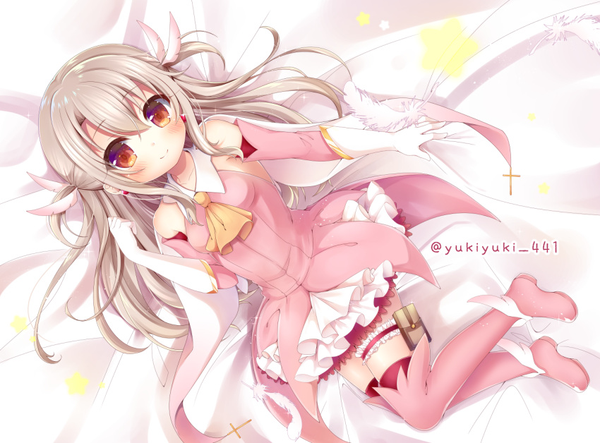 1girl ascot bangs bare_shoulders bed_sheet blush boots breasts brown_eyes brown_hair closed_mouth collarbone commentary_request detached_sleeves elbow_gloves eyebrows_visible_through_hair fate/kaleid_liner_prisma_illya fate_(series) feathers gloves hair_between_eyes hair_feathers hand_up illyasviel_von_einzbern latin_cross layered_skirt lying on_back orange_neckwear pink_feathers pink_footwear pink_legwear pink_shirt pink_sleeves pleated_skirt prisma_illya shirt skirt sleeveless sleeveless_shirt small_breasts smile solo star thigh-highs thigh_boots twitter_username two_side_up white_gloves white_skirt yukiyuki_441