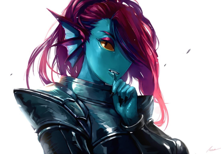 1girl armor black_nails blue_skin hair_over_one_eye hand_up head_fins looking_at_viewer maa_tc monster_girl nail_polish parted_lips pink_hair signature simple_background teeth undertale undyne upper_body white_background yellow_sclera