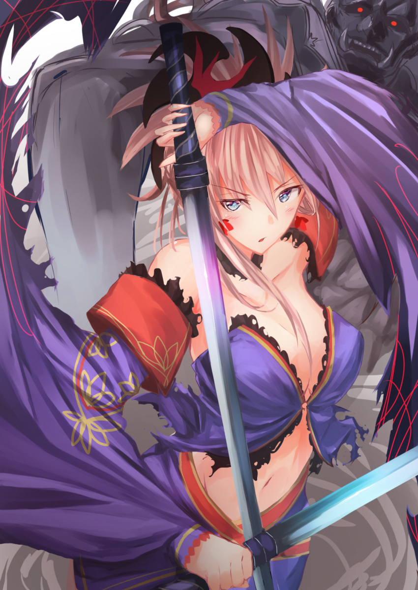 1girl blue_eyes blue_kimono breasts character_request cleavage detached_sleeves dual_wielding fate/grand_order fate_(series) hair_ornament highres holding holding_sword holding_weapon japanese_clothes katana kimono large_breasts looking_at_viewer midriff miyamoto_musashi_(fate/grand_order) navel pink_hair ponytail sh22 sleeveless sleeveless_kimono sword weapon