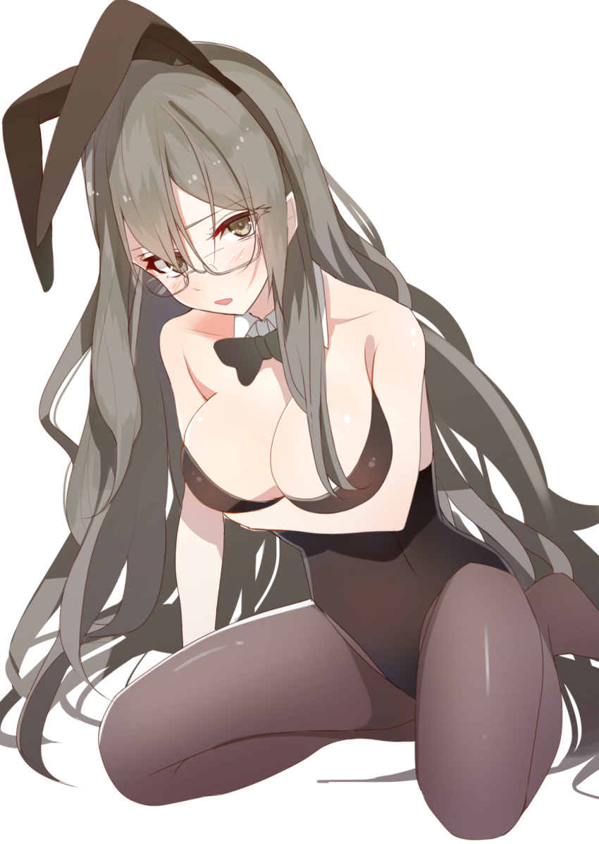 1girl animal_ears arm_support arm_up bangs bare_arms bare_shoulders black_leotard black_neckwear blush bow bowtie breast_hold breasts brown_eyes brown_hair brown_legwear bunnysuit cleavage collarbone detached_collar eyebrows_visible_through_hair fake_animal_ears futaba_rio glasses grey-framed_eyewear hair_between_eyes highres large_breasts leotard looking_at_viewer pantyhose parted_lips rabbit_ears seishun_buta_yarou semi-rimless_eyewear shirousa simple_background solo strapless strapless_leotard under-rim_eyewear white_background white_collar