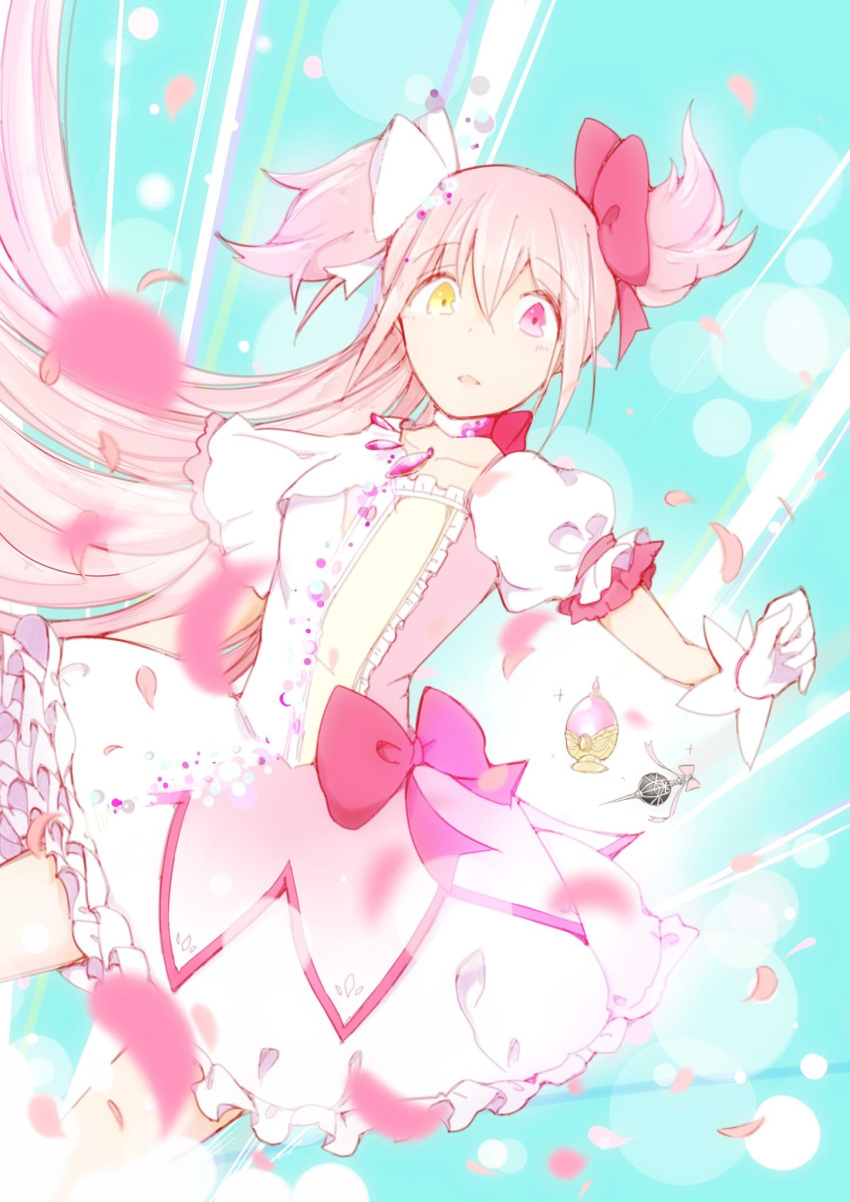 1girl :o arm_up blurry bubble_skirt depth_of_field dissolving dress dual_persona dutch_angle expressionless eyebrows_visible_through_hair frilled_dress frills gloves goddess_madoka grief_seed hair_ribbon highres kaname_madoka long_hair looking_at_viewer mahou_shoujo_madoka_magica open_mouth petals pink_hair pink_petals pink_ribbon puffy_short_sleeves puffy_sleeves ribbon short_sleeves single_glove skirt solo soul_gem spoilers very_long_hair white_dress white_gloves white_ribbon