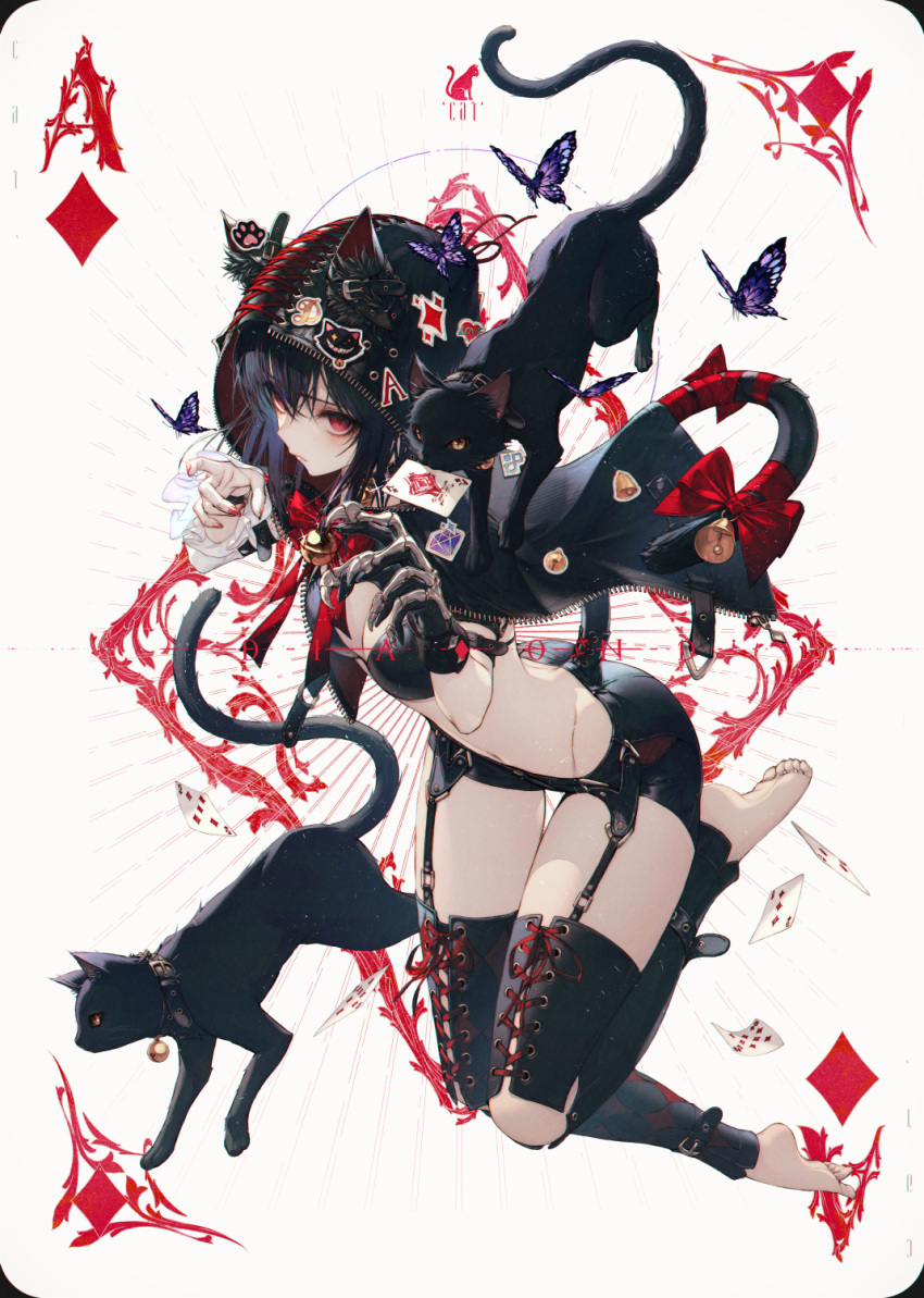 1girl animal_ears bangs barefoot bell black_cat black_hair breasts bug butterfly card card_(medium) cat cat_ears cat_girl cat_tail cleavage commentary ears_through_headwear fingernails full_body garter_straps hair_between_eyes highres hood hood_up insect looking_at_viewer medium_breasts nail_polish navel original red_eyes ribbon simple_background solo tail tail_bell tail_ribbon thigh_gap wanke