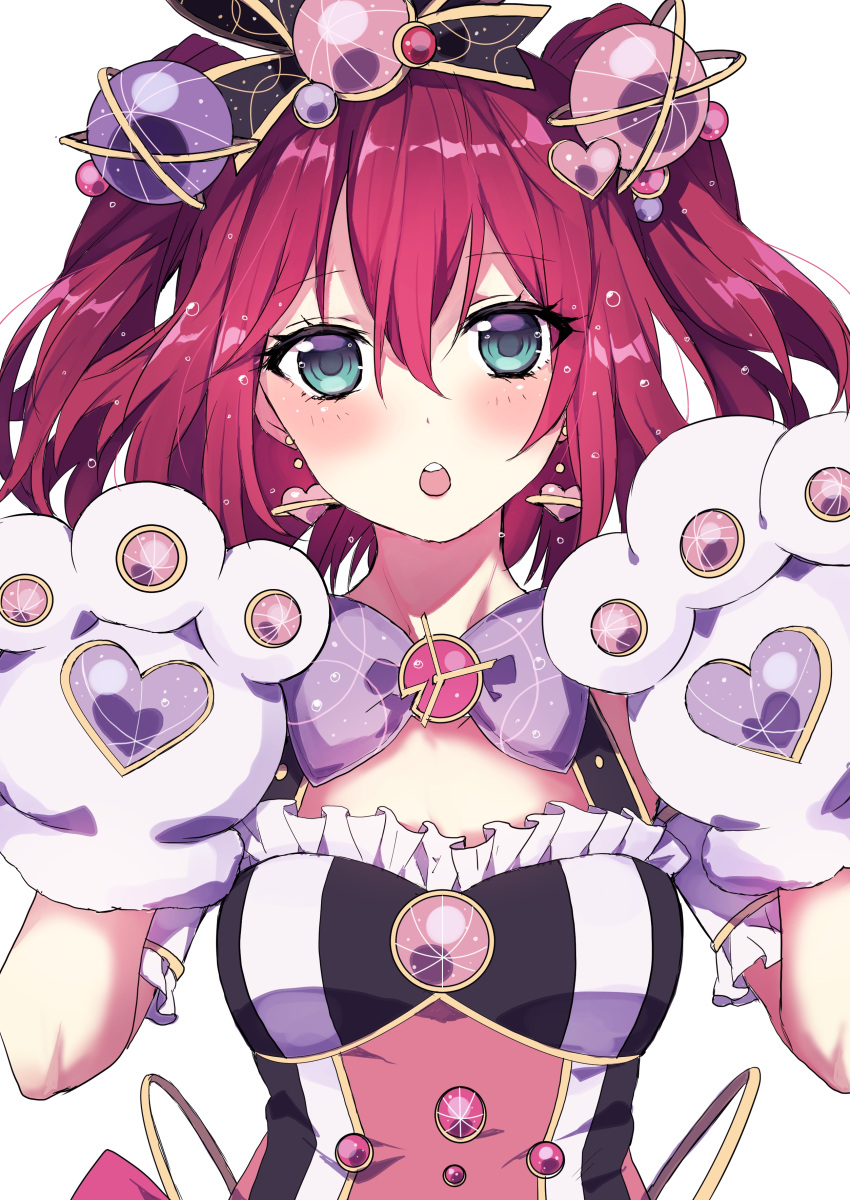 1girl :o absurdres bangs black_bow blue_eyes blush bow breasts commentary_request earrings eyebrows_visible_through_hair frills gloves hair_between_eyes hair_bow hair_ornament hands_up heart heart_earrings heart_hair_ornament highres jewelry kurosawa_ruby love_live! love_live!_sunshine!! mashiro_(rikuya) parted_lips paw_gloves paws purple_bow redhead short_sleeves simple_background small_breasts solo upper_body upper_teeth white_background