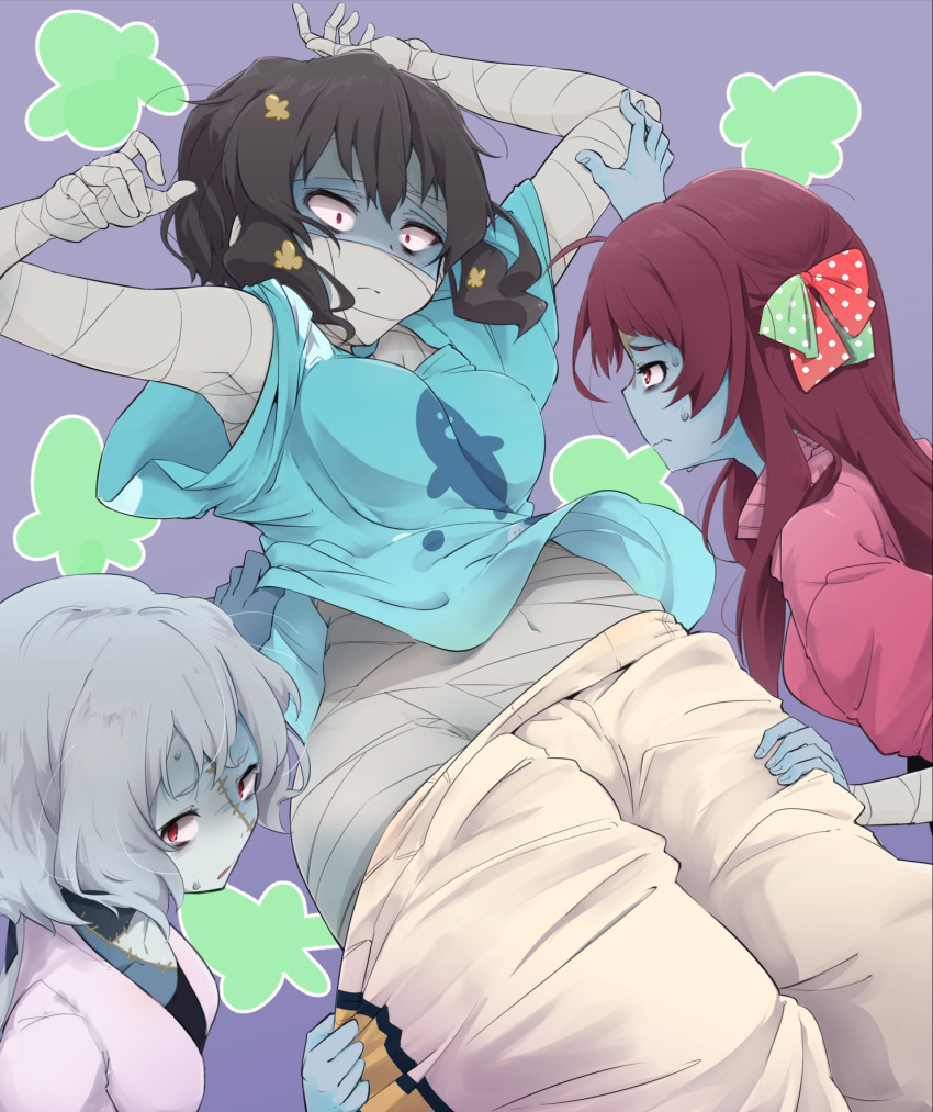 3girls araco bandage black_hair blue_skin bow brown_hair covered_navel flower hair_bow hair_flower hair_ornament highres konno_junko long_hair midriff minamoto_sakura mizuno_ai multicolored multicolored_skin multiple_girls pants red_eyes shirt stitches sweatdrop sweatpants t-shirt zombie zombie_land_saga