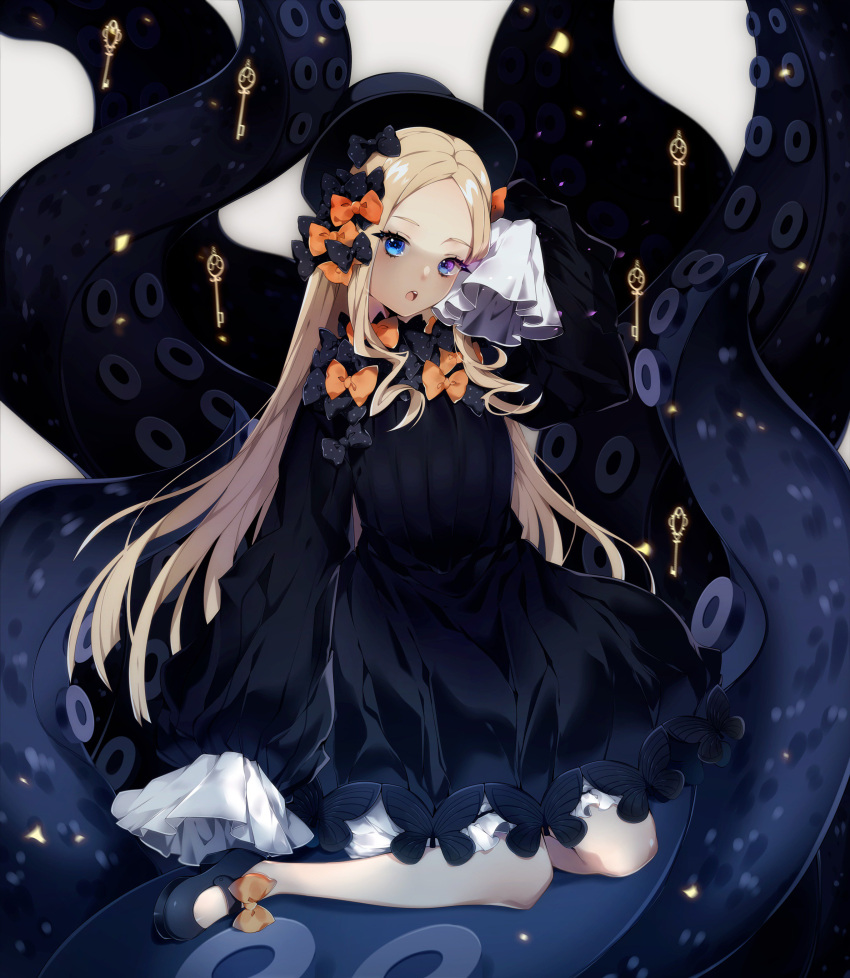 1girl abigail_williams_(fate/grand_order) absurdres bangs black_bow black_dress black_footwear black_hat blonde_hair blue_eyes blush bow dress fate/grand_order fate_(series) full_body hair_bow hand_on_own_head hat highres key light_particles long_hair long_sleeves looking_at_viewer mary_janes misshao_00 open_mouth orange_bow parted_bangs polka_dot polka_dot_bow shoes sitting sleeves_past_fingers sleeves_past_wrists solo tentacle very_long_hair yokozuwari
