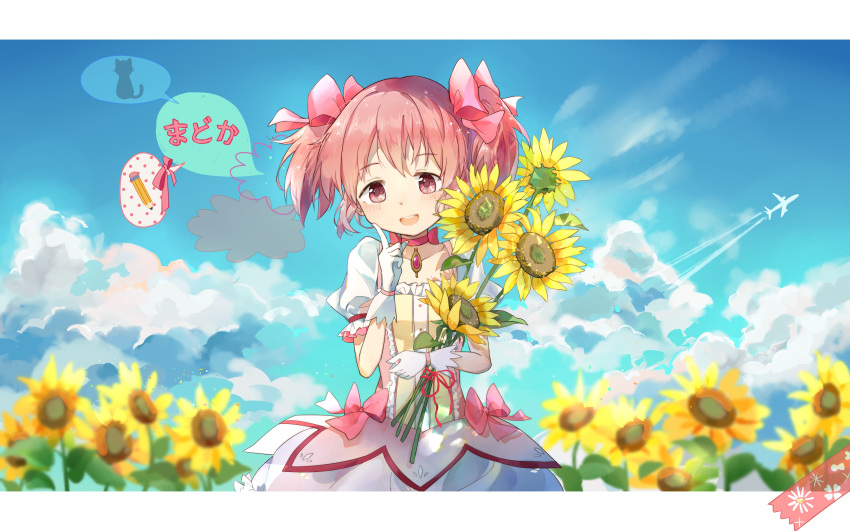 1girl :d absurdres aircraft airplane blue_sky blush bubble_skirt cat choker clouds cloudy_sky condensation_trail day eyebrows_visible_through_hair field finger_to_cheek flat_chest flower gloves hair_ribbon happy highres holding holding_flower kaname_madoka mahou_shoujo_madoka_magica open_mouth outdoors pencil pink_choker pink_eyes pink_hair pink_neckwear pink_ribbon polka_dot polka_dot_background puffy_short_sleeves puffy_sleeves ribbon short_sleeves skirt sky smile solo speech_bubble sunflower translation_request twintails upper_teeth white_gloves yellow_flower