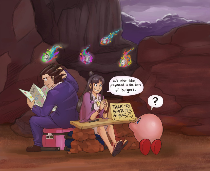 1boy 1girl ? artist_request ayasato_mayoi bangs black_eyes black_hair confused english formal gyakuten_saiban highres kirby kirby_(series) map naruhodou_ryuuichi nintendo reading rock sitting smile speech_bubble spirit suit suitcase super_smash_bros. super_smash_bros._ultimate