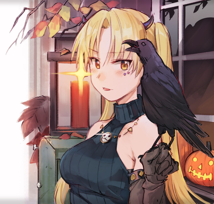 1girl :p animal autumn_leaves bangs bare_shoulders bird bird_on_hand black_sweater blonde_hair blush breasts brown_eyes brown_gloves commentary crow elbow_gloves english_commentary eyebrows_visible_through_hair facial_mark gloves hair_between_eyes halloween hand_up highres horns jack-o'-lantern leaf long_hair looking_at_viewer medium_breasts original parted_bangs ribbed_sweater sleeveless sleeveless_turtleneck smile solo sparkle sweater tongue tongue_out tugo turtleneck turtleneck_sweater very_long_hair
