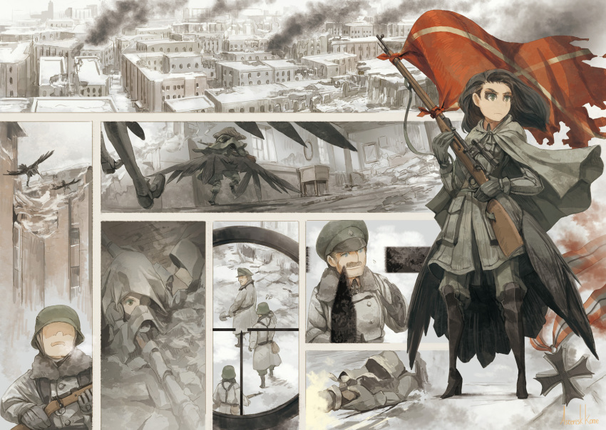 1girl after_battle asterisk_kome bolt_action boots building camouflage city cityscape commentary flag flying gloves gun hat helmet highres long_hair military military_hat military_uniform mosin-nagant multiple_girls original rifle ruins scope sky sniper sniper_scope soldier uniform weapon wings