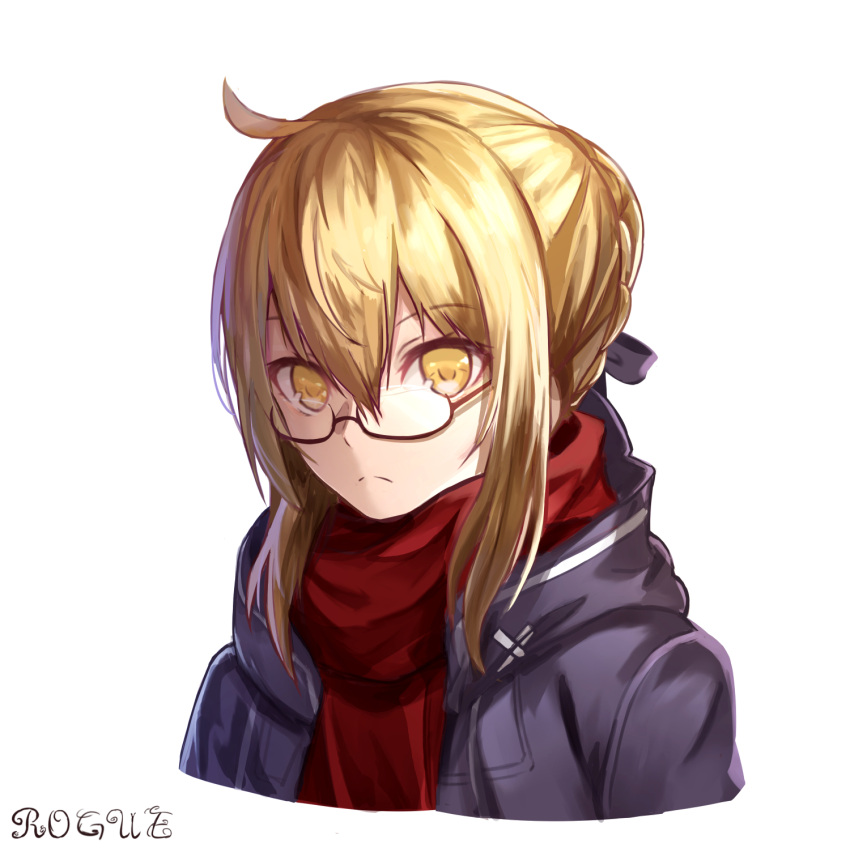1girl ahoge artist_name artoria_pendragon_(all) black_jacket black_ribbon blacktheif blonde_hair braided_bun cropped_torso eyebrows_visible_through_hair fate/grand_order fate_(series) glasses hair_between_eyes hair_ribbon highres jacket looking_at_viewer mysterious_heroine_x_(alter) open_clothes open_jacket red_scarf ribbon scarf semi-rimless_eyewear short_hair_with_long_locks sidelocks simple_background solo under-rim_eyewear upper_body white_background yellow_eyes