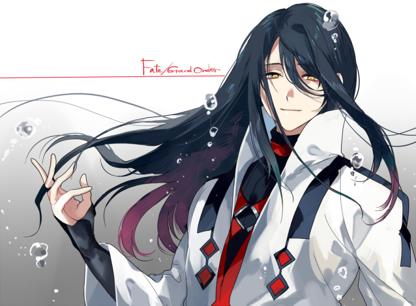 1boy black_hair black_shirt bubble fate/grand_order fate_(series) gradient gradient_background hair_between_eyes jacket kyouichi long_hair looking_at_viewer male_focus paracelsus_(fate) red_vest shirt upper_body very_long_hair vest white_background white_jacket yellow_eyes