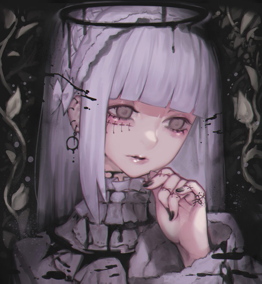 1girl absurdres bangs black_nails blunt_bangs bow commentary_request doku-chan_(dokkudokudoku) earrings fingernails grey_eyes hair_bow hand_up highres jewelry lavender_bow lavender_hair lipgloss lips looking_at_viewer nail_polish original solo