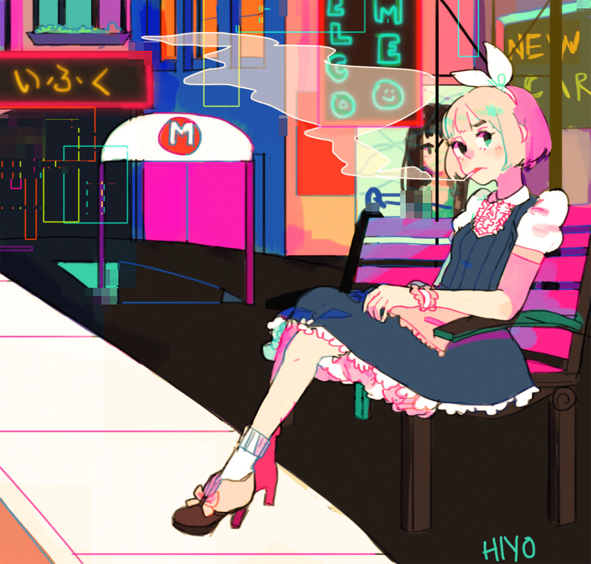 1girl animated animated_gif aqua_eyes blonde_hair bow breasts commentary dress english_commentary hair_bow highres looking_at_viewer neon_lights original road routexx short_hair short_sleeves sidewalk small_breasts smoke smoking socks solo street white_bow white_legwear