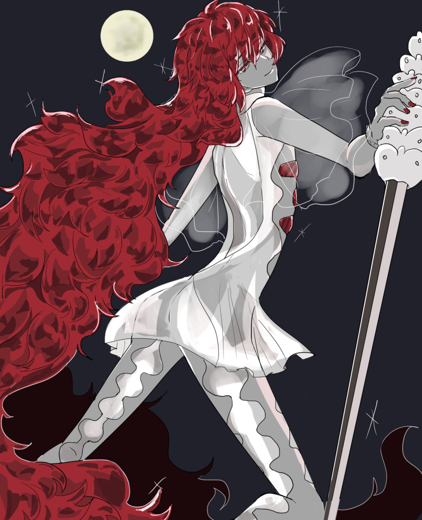 1other alternate_costume androgynous back_cutout colored_eyelashes crystal_hair eyebrows_visible_through_hair full_moon gem gyu_nba32 highres houseki_no_kuni long_hair looking_at_viewer moon night open_clothes padparadscha_(houseki_no_kuni) red_eyes redhead see-through_sleeves smile solo spoilers sword very_long_hair wavy_hair weapon white_skin